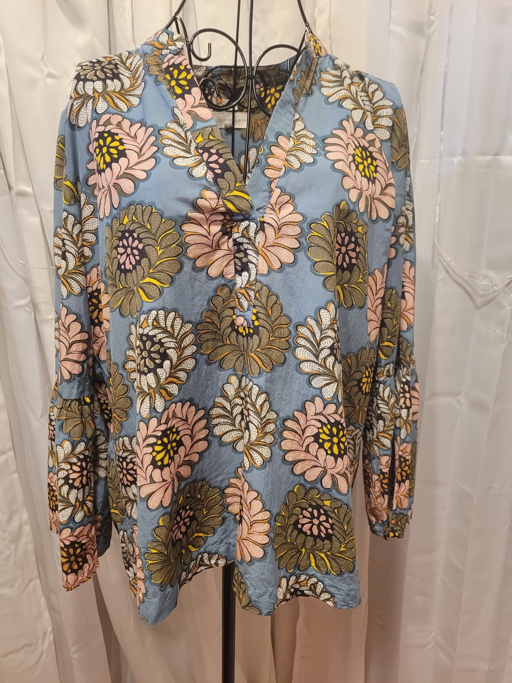 LOFT Blue Floral Tunic with Pink, Yellow & Brown Accents